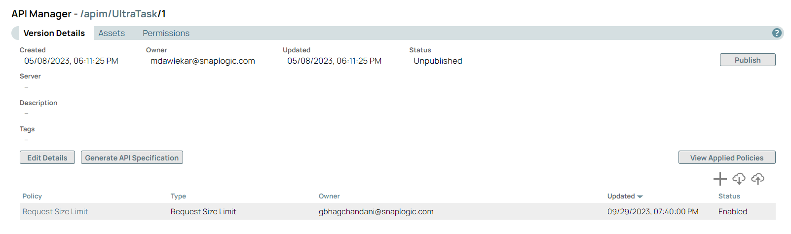 Policy displayed in Version Details