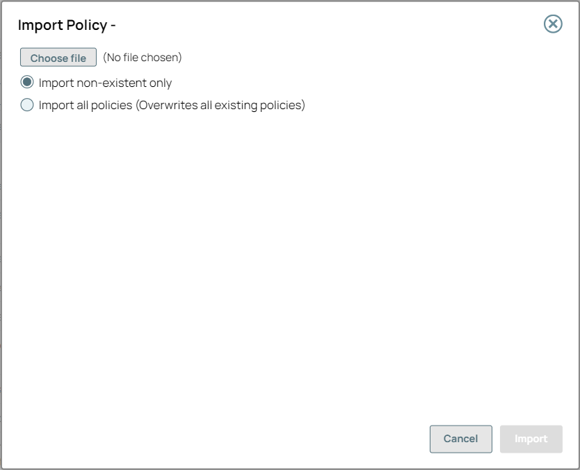 Import Policy dialog in Project Manager