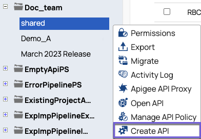 Create API option in the project dropdown menu
