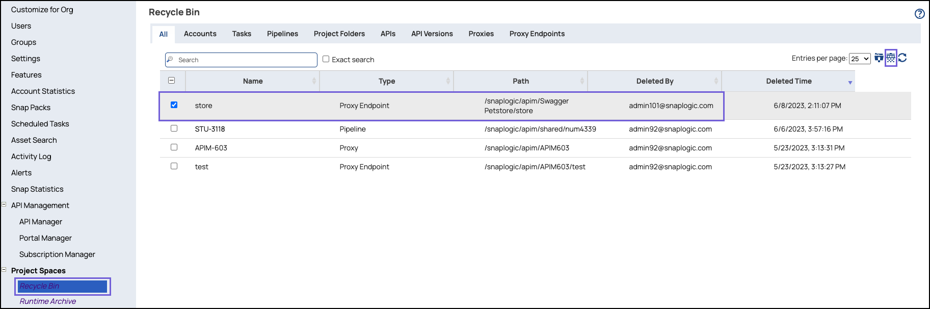 Project Manager Recycle Bin showing deleted proxy endpoint