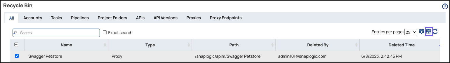 Project Manager Recycle Bin showing deleted proxy