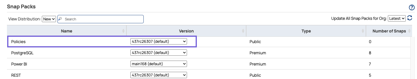 Snap Packs page showing Policies Snap Pack version settings
