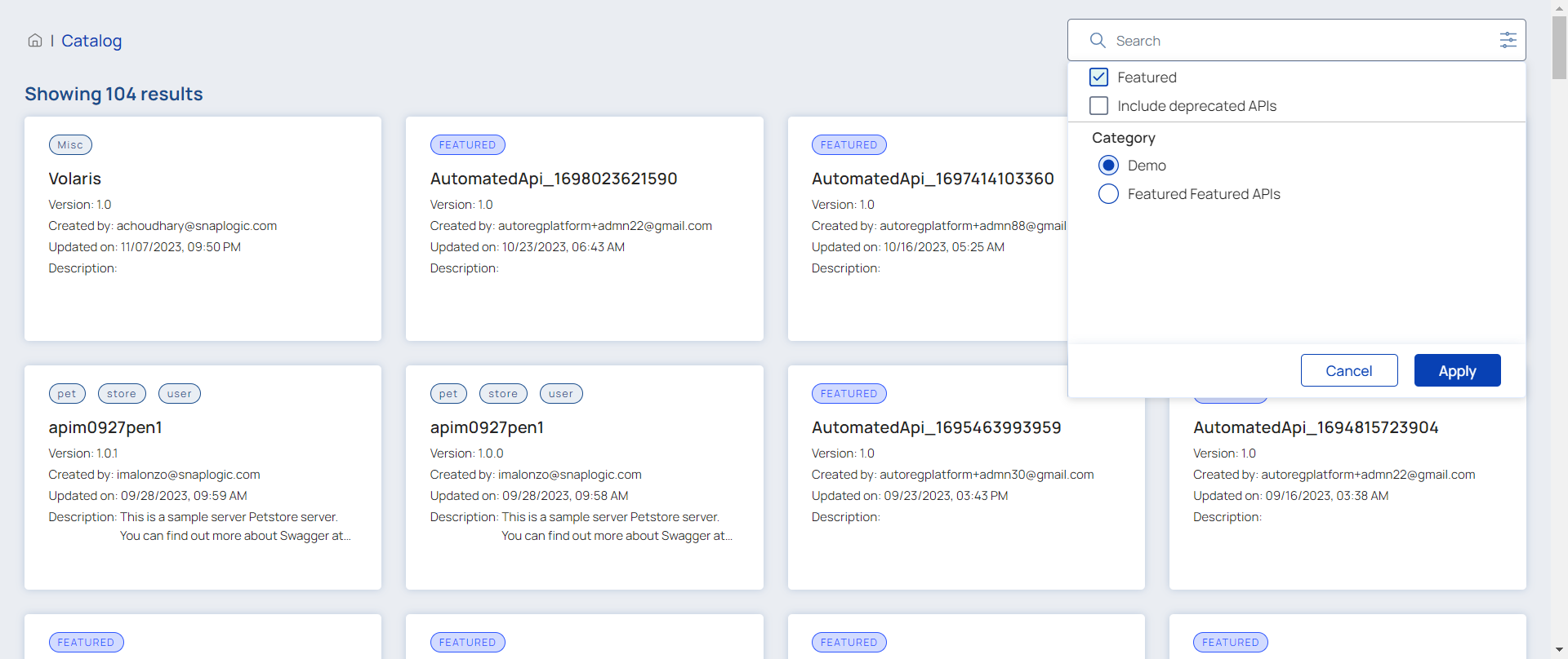 Search for APIs with filters