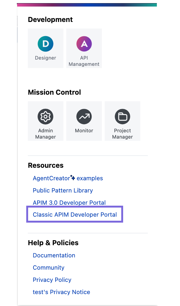 Apps menu with Developer Portal link