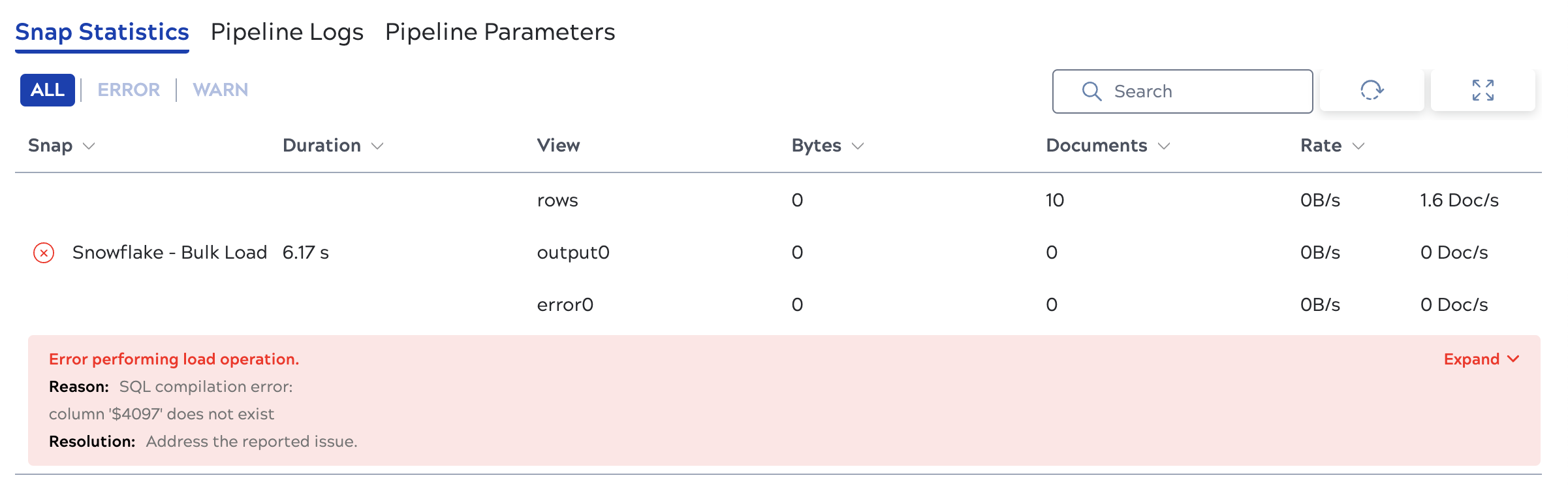 Snowflake load operation failure