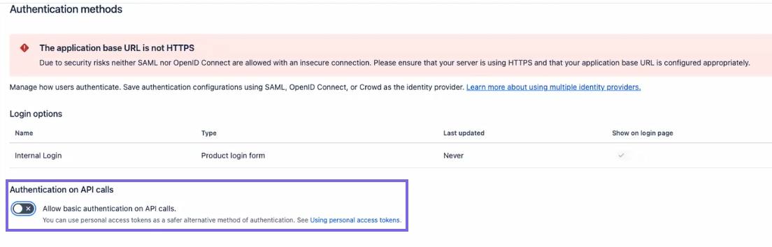 Bitbucket Data Center setting showing basic authentication for API calls disabled.