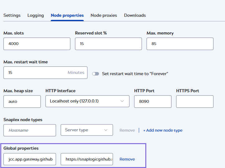 On-premises Git configuration on Snaplex Node properties tab