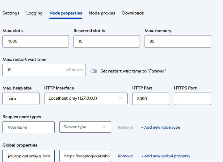 On-premises Git configuration on Snaplex Node Properties tab