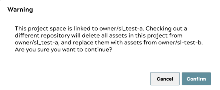 Warning dialog prompting to confirm checkout from a different repository