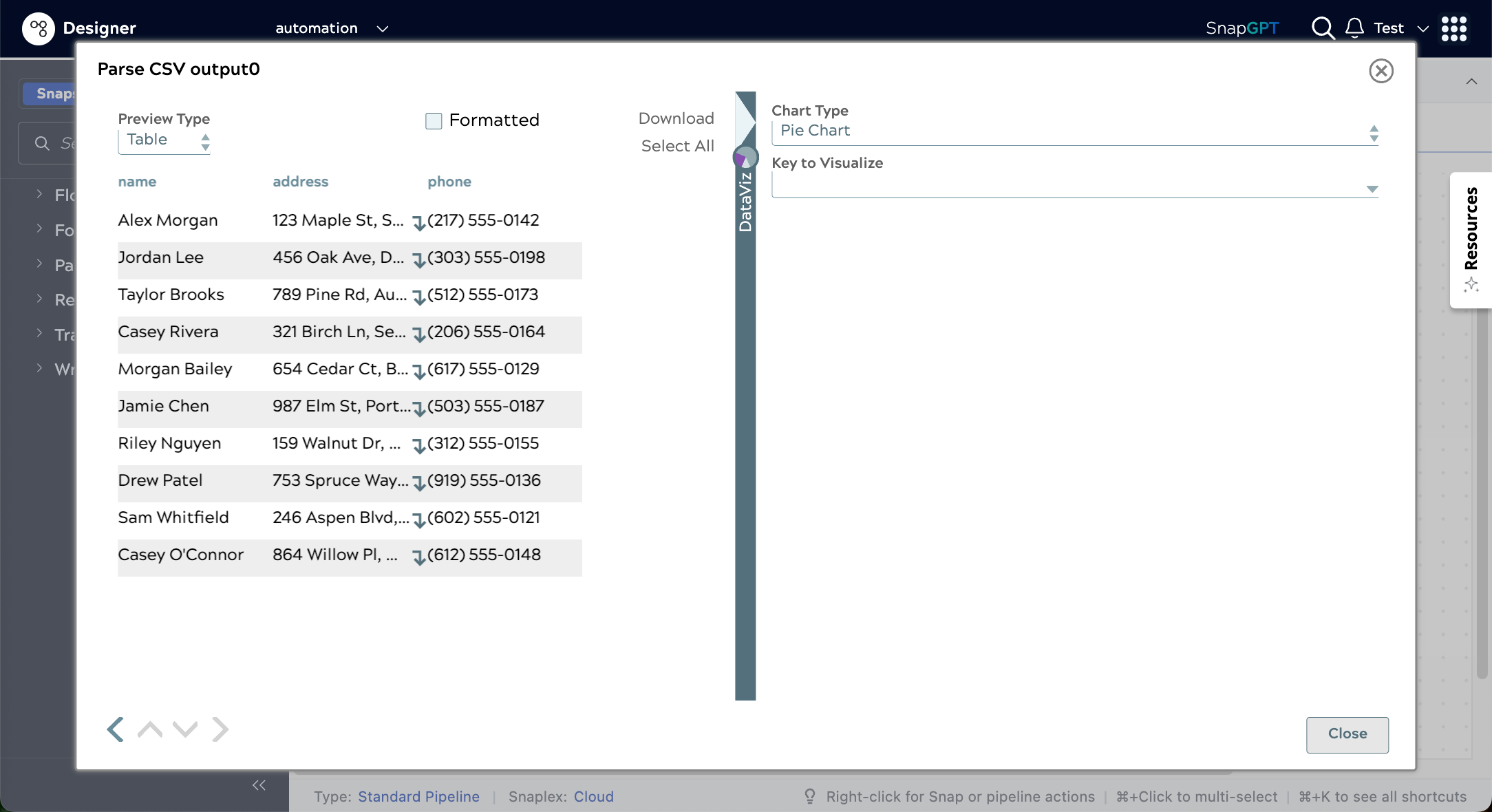 Expanded DataViz panel showing Chart Type and Key to Visualize options