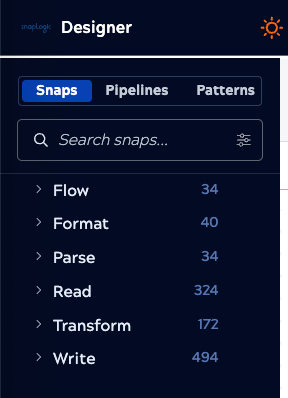 Designer left pane showing Snaps organized by function: Flow, Format, Parse, Read, Transform, Write
