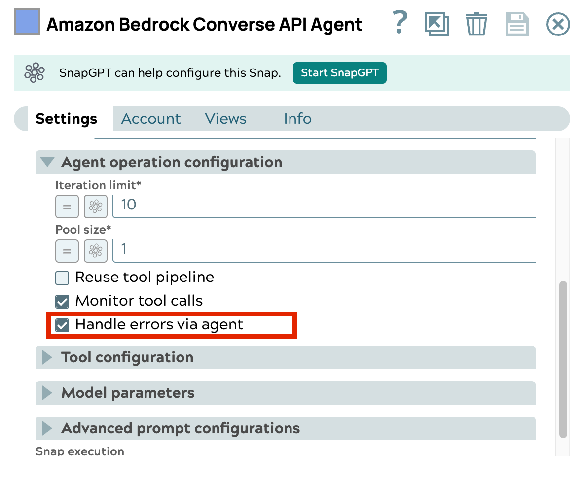 Handle errors via agent checkbox highlighted in the Agent operation configuration section