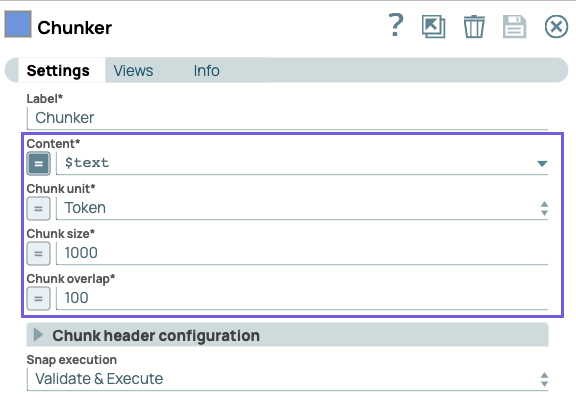 Shows Chunker Snap configuration settings.