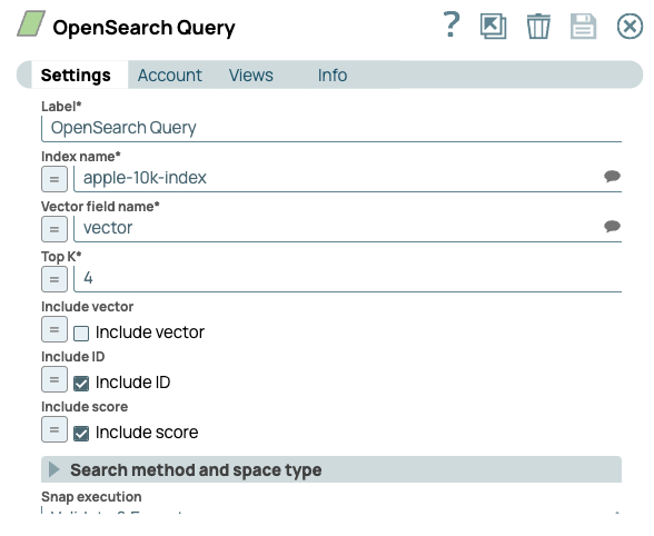 Configuration settings in the OpenSearch Query Snap.