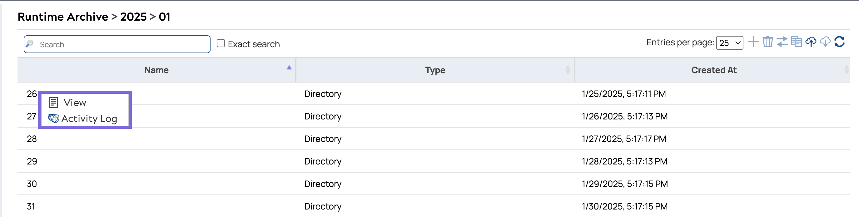 Runtime Archive showing days as directories under a selected month