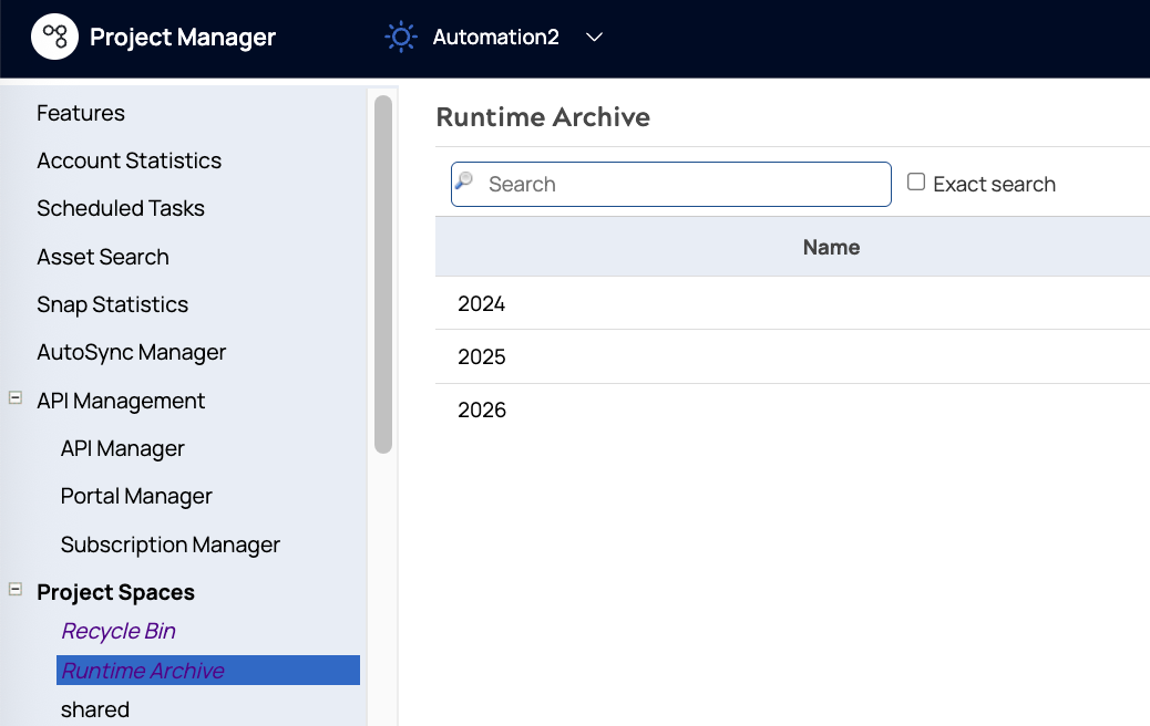 Runtime Archive page in Project Manager showing a list of years