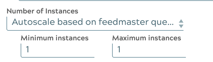 Autoscale based on FeedMaster queue settings showing Min Instances and Max Instances fields
