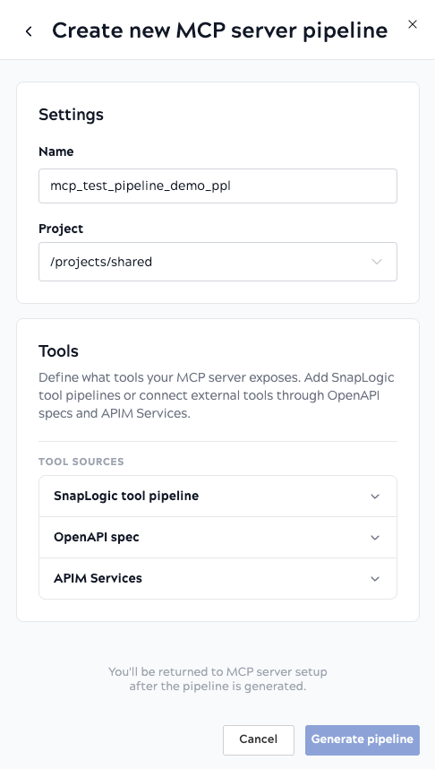 Create new MCP server pipeline wizard showing Settings and Tools sections with accordion for SnapLogic tool pipeline, OpenAPI spec, and APIM Services