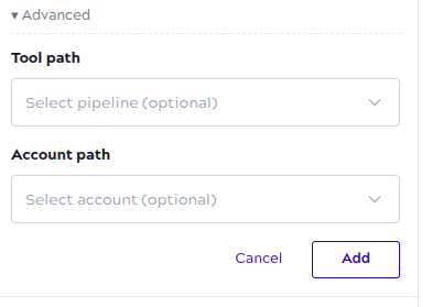 Advanced options subsection expanded showing Tool path and Account path dropdowns