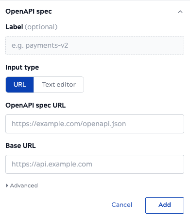 OpenAPI spec section expanded showing Label, Input type, OpenAPI spec URL, and Base URL fields
