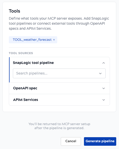 SnapLogic tool pipeline section expanded showing search field and a selected pipeline chip