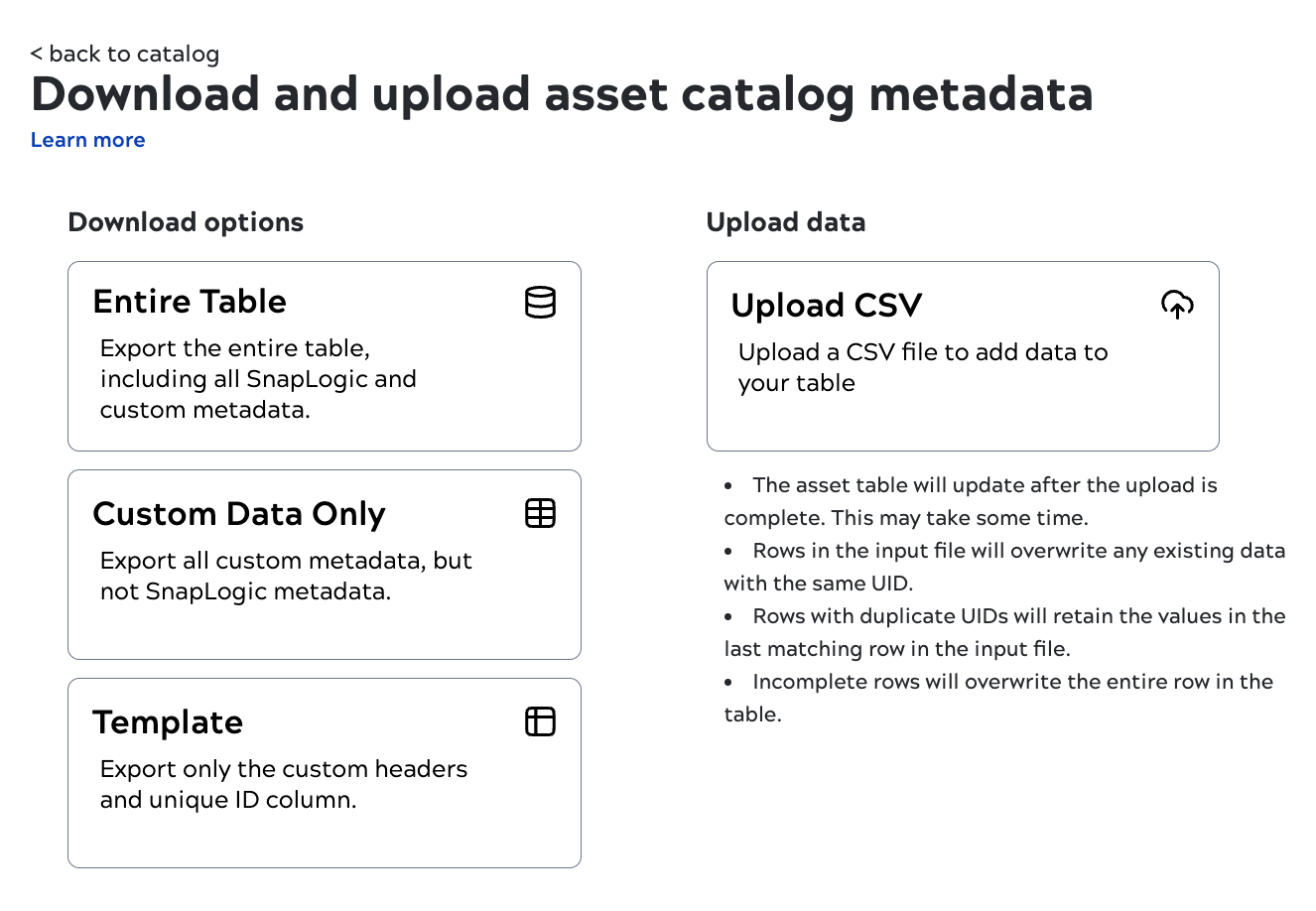 Asset catalog page to download and upload metadata