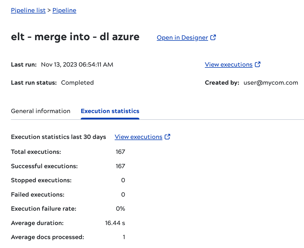 Asset catalog task Execution statistics tab