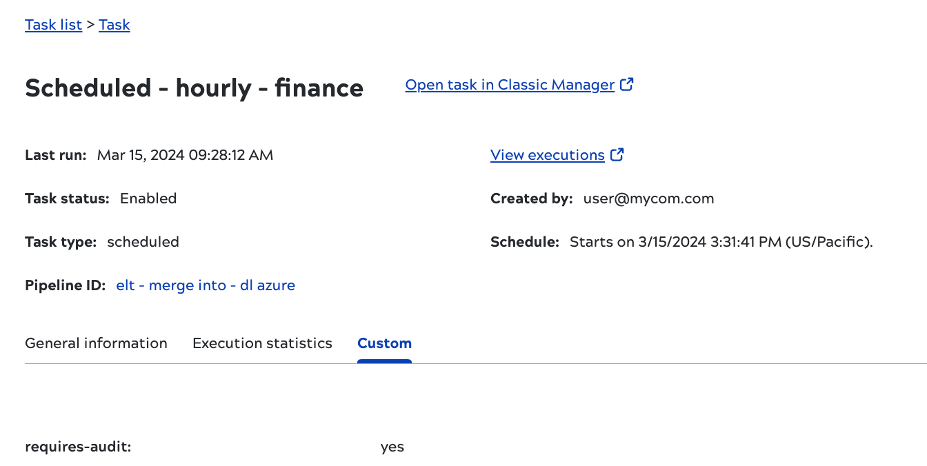 Asset catalog task details Custom tab