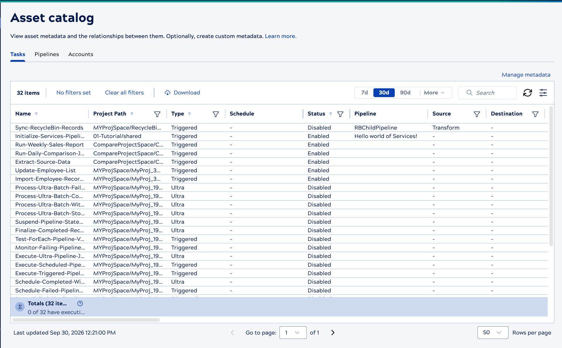 Asset catalog Tasks tab