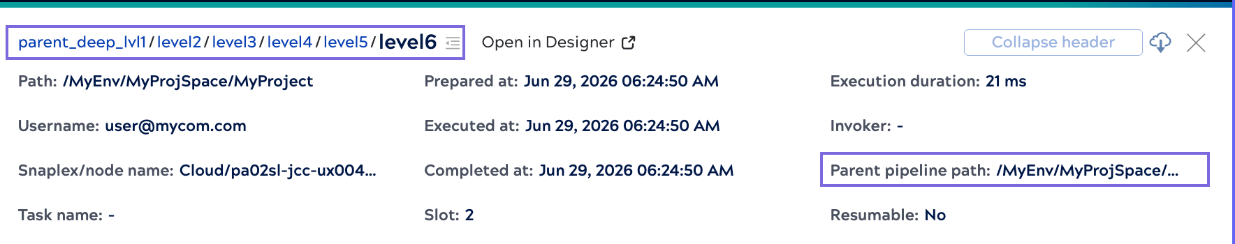 Pipeline details panel header showing the parent path and hierarchy as clickable navigation links.