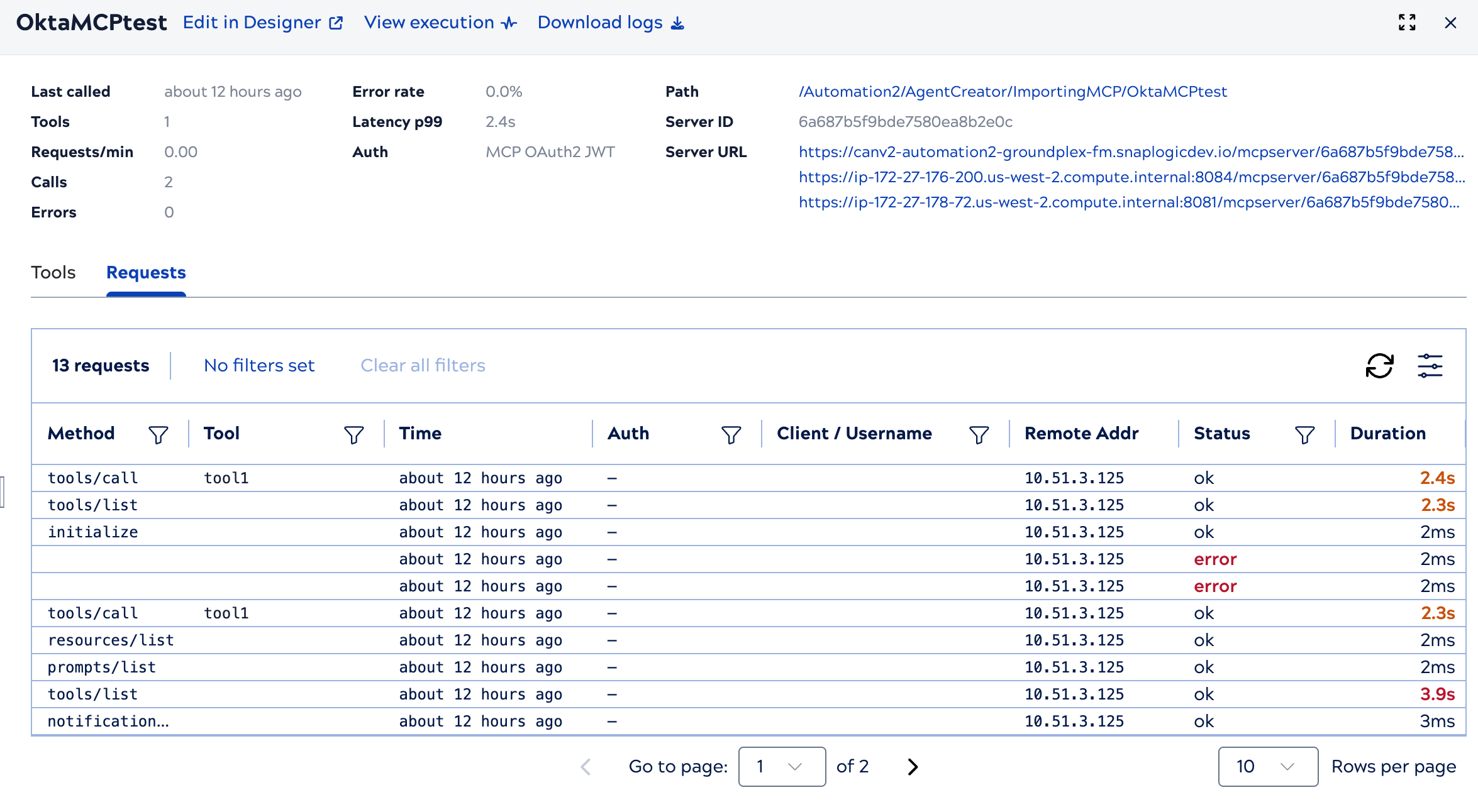 MCP Server detail view showing the Requests tab with the request log