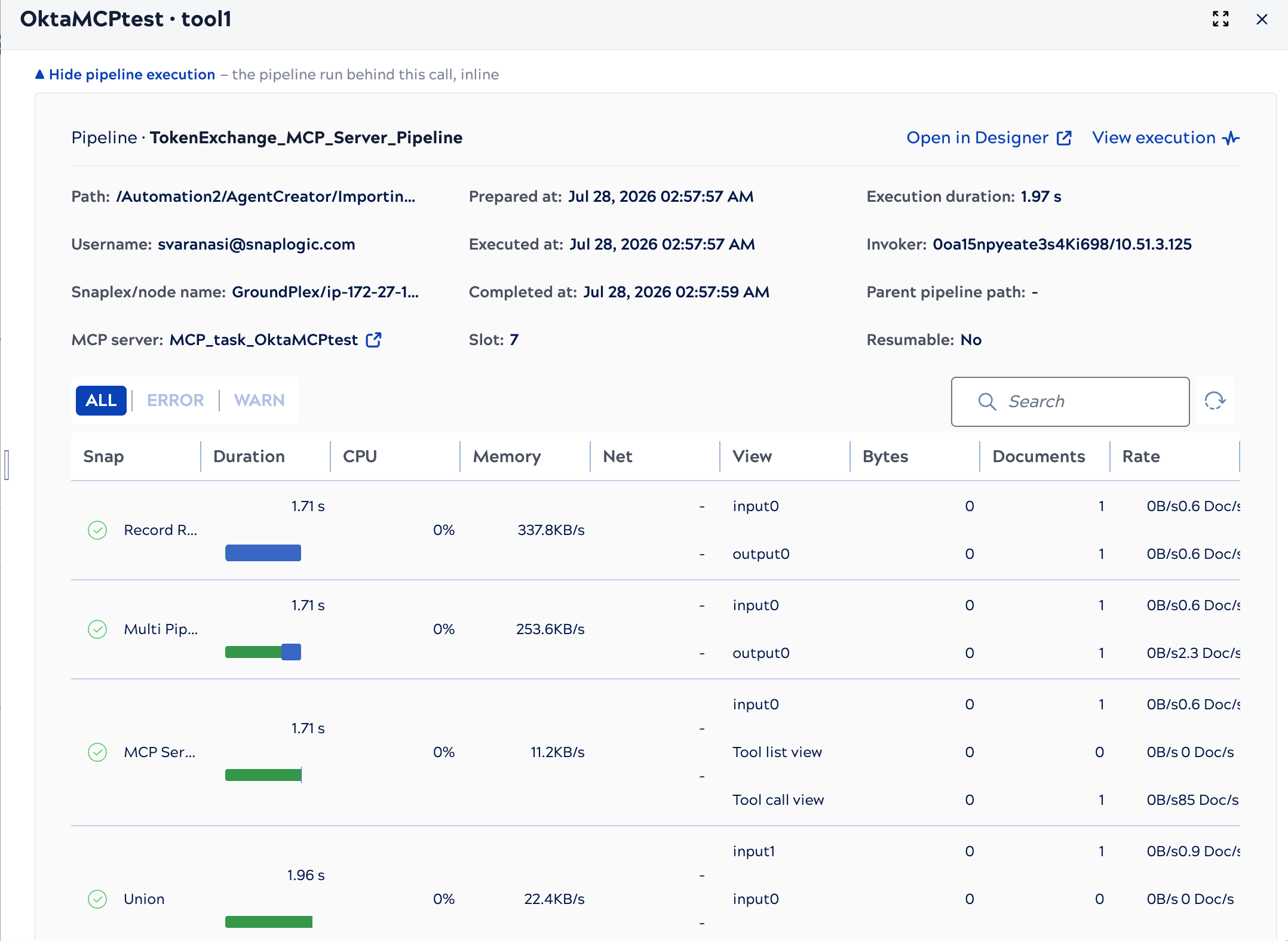 Request detail view showing pipeline execution details for a successful request