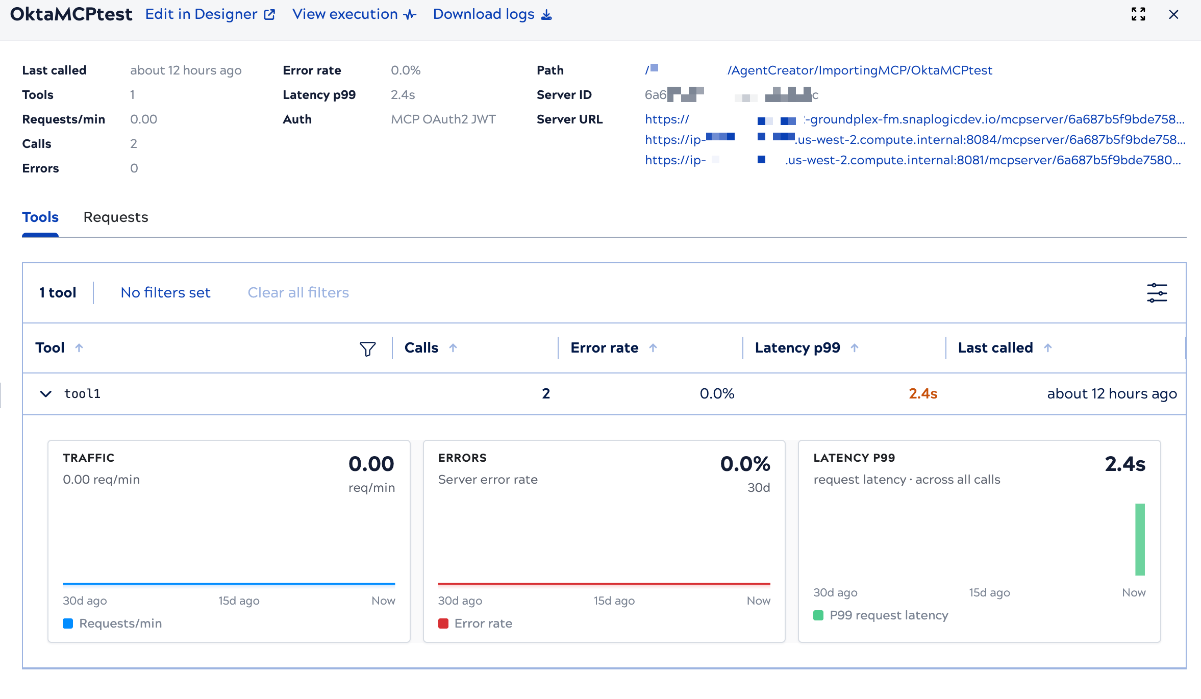 MCP Server detail view showing the Tools tab with per-tool metrics and expanded mini charts