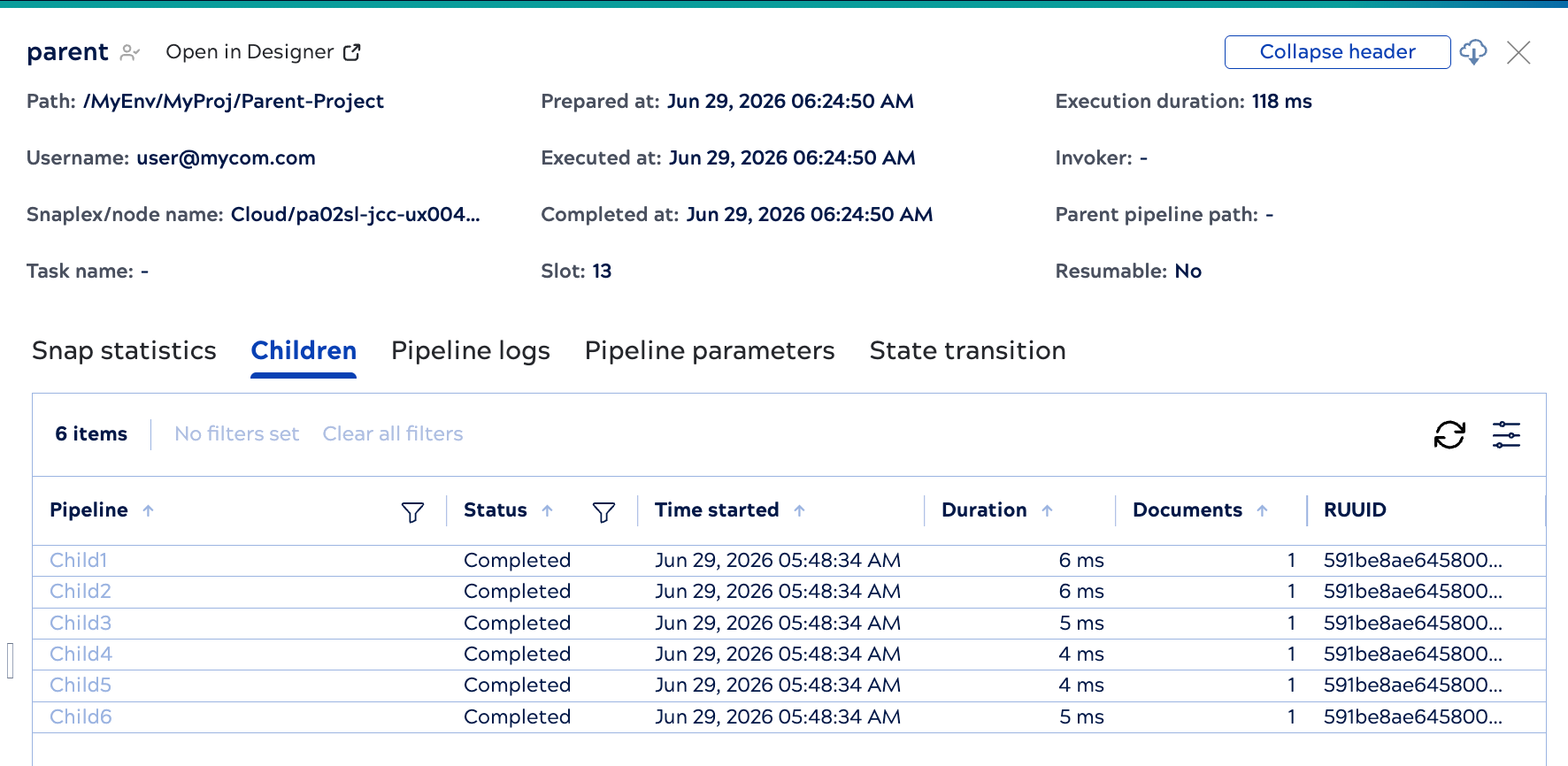 Children tab in the pipeline details panel, showing a flat list of immediate child executions.