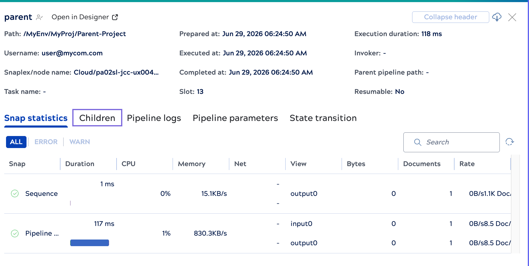 Pipeline details panel showing the Snap statistics tab for a parent pipeline.