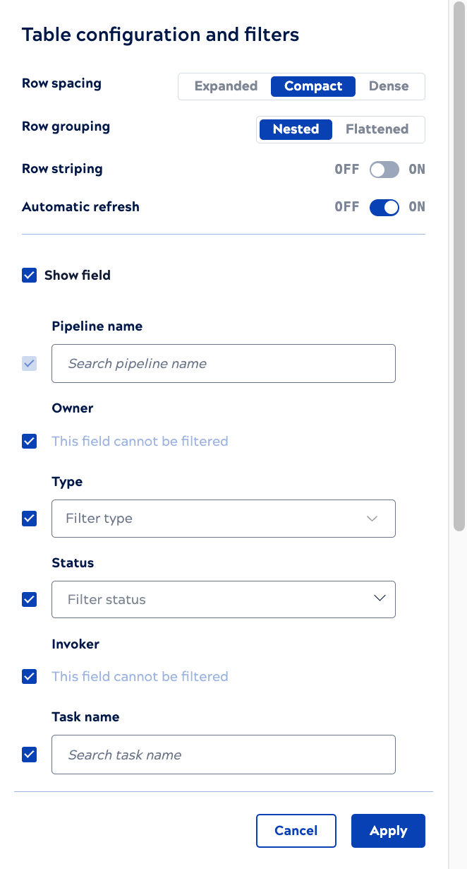 Table configuration and filters