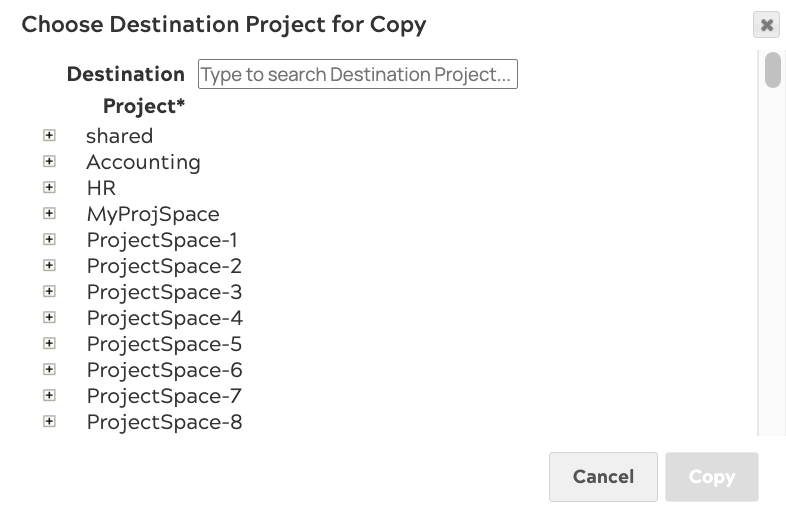 Choose Destination Project for Copy dialog showing a searchable project tree