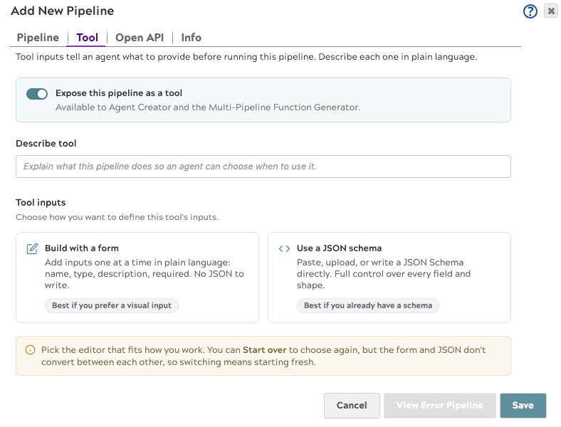 Add New Pipeline dialog showing the Tool tab with the Expose this pipeline as a tool toggle enabled and the editor mode selection screen