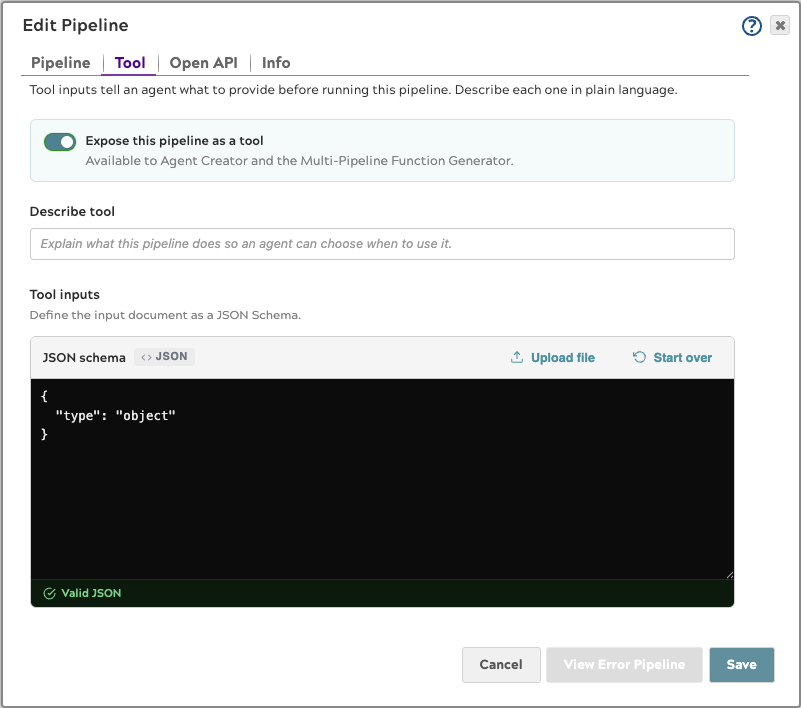 Tool tab showing the JSON schema editor with a valid JSON schema entered