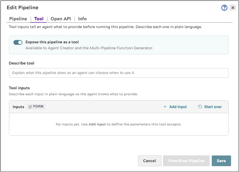 Tool tab with the Expose this pipeline as a tool toggle enabled, showing an empty Tool inputs panel in form mode