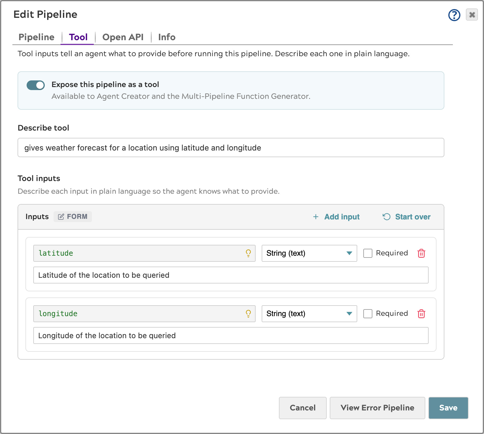 Tool tab showing the editor mode selection screen with Build with a form and Use a JSON schema option