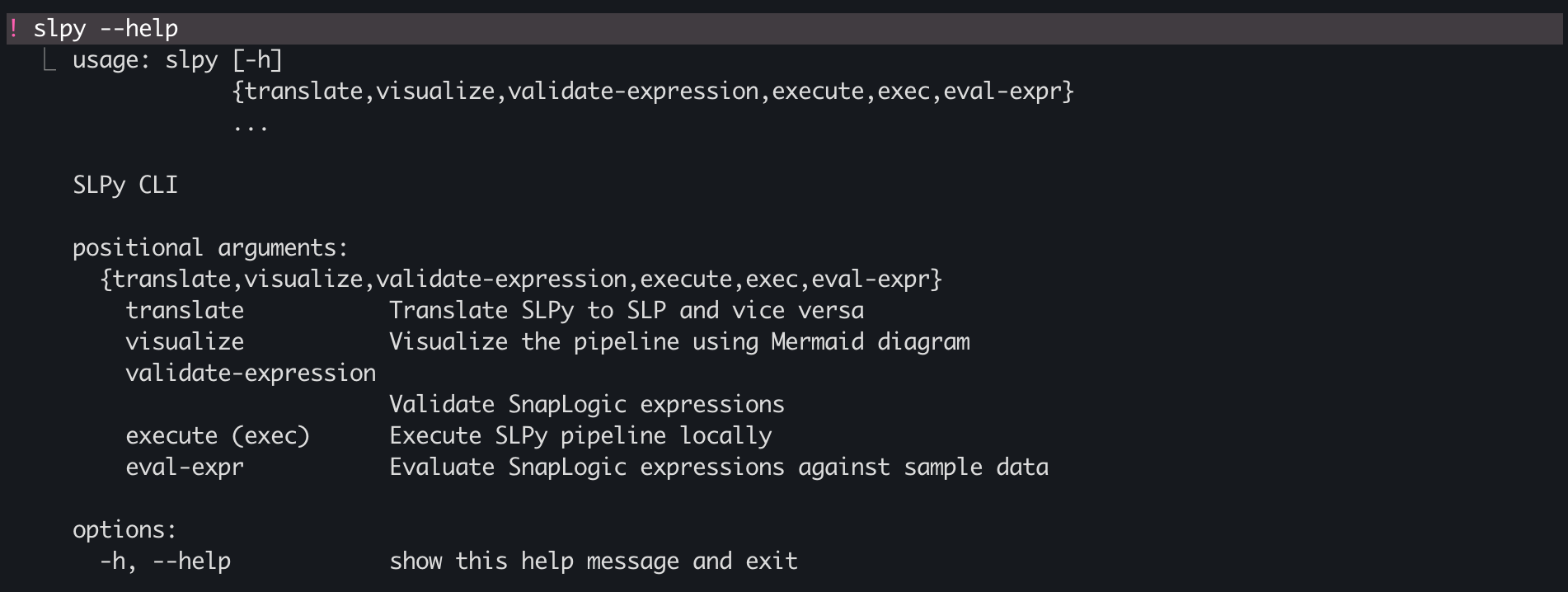 slpy --help output showing CLI subcommands: translate, visualize, validate-expression, execute, eval-expr