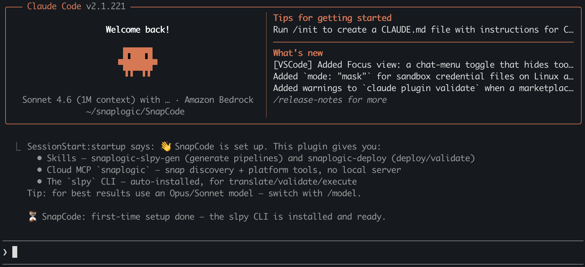 Claude Code welcome screen showing SnapCode plugin loaded with skills and MCP server ready