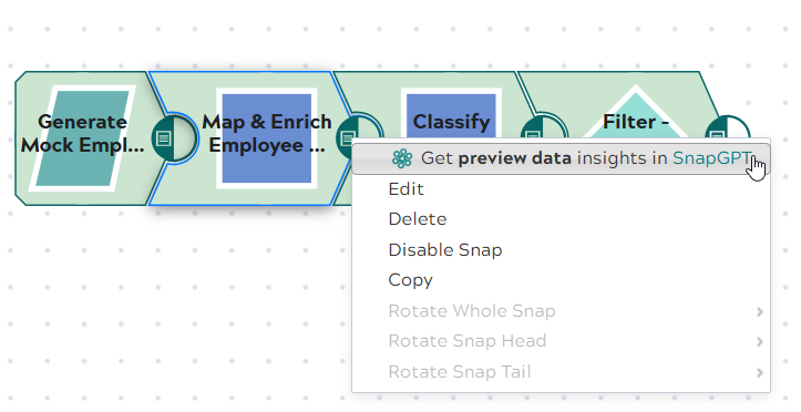 Right-click menu showing Get preview data insights in SnapGPT option