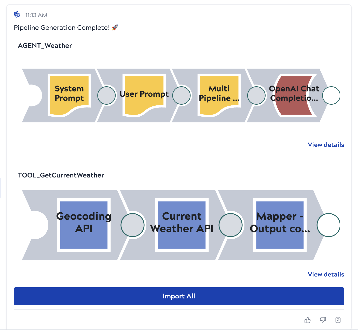 Agent pipeline bundle showing the AGENT_Weather driver pipeline and the TOOL_GetCurrentWeather tool pipeline with the Import All button