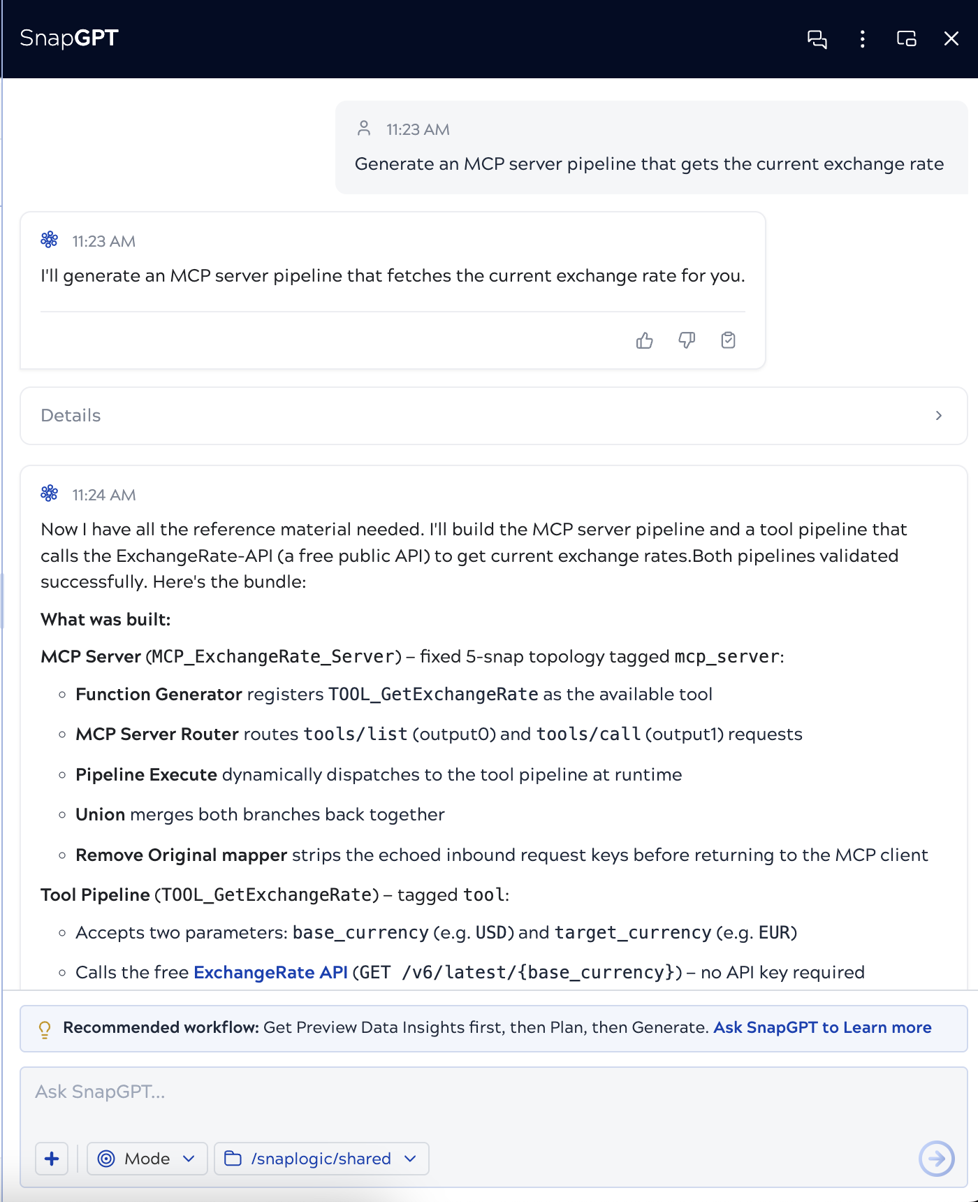 MCP Server pipeline bundle showing the MCP_ExchangeRate_Server pipeline and the TOOL_GetExchangeRate tool pipeline with the Import All button