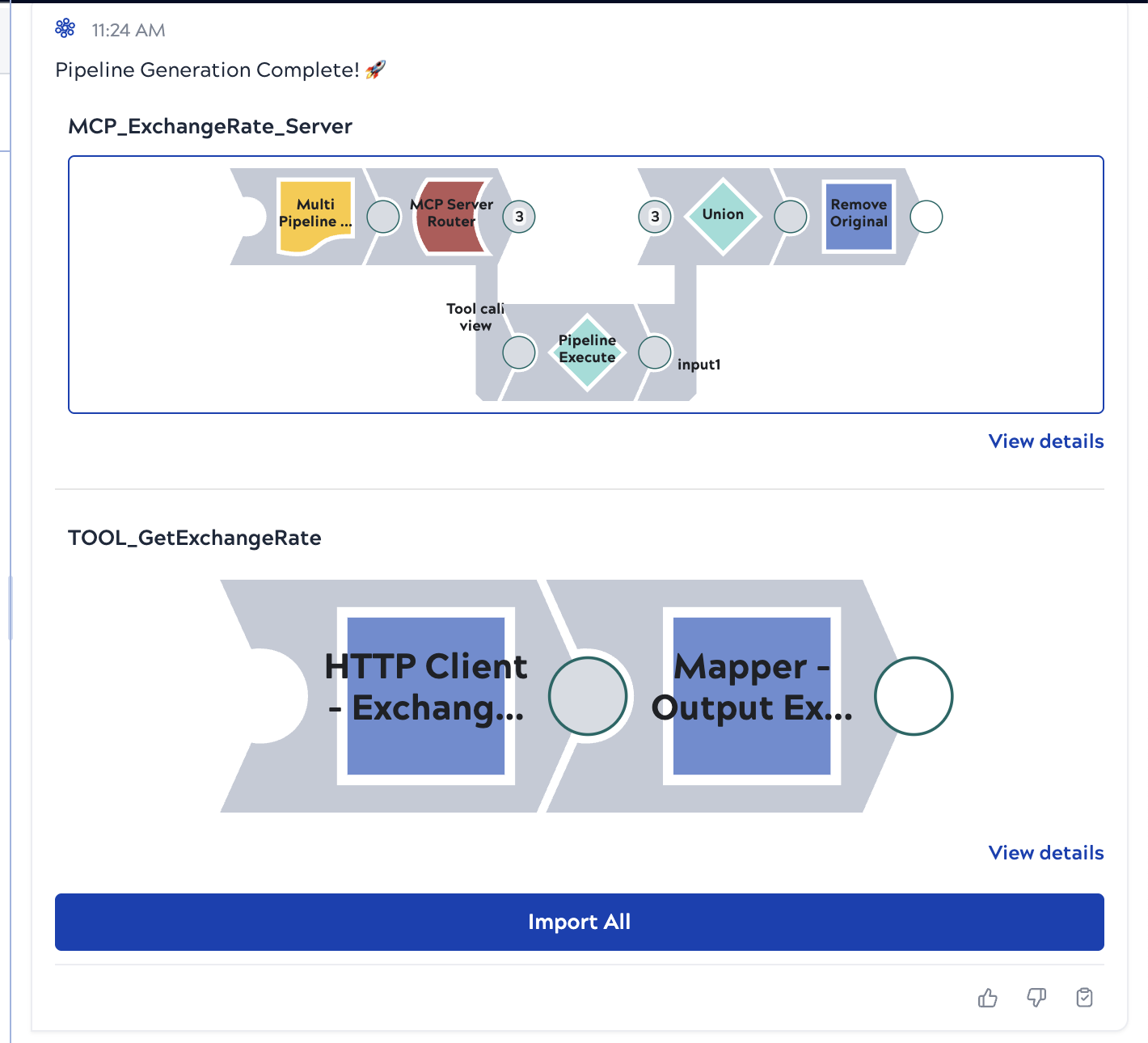 SnapGPT response describing the MCP_ExchangeRate_Server pipeline and TOOL_GetExchangeRate tool pipeline it will generate