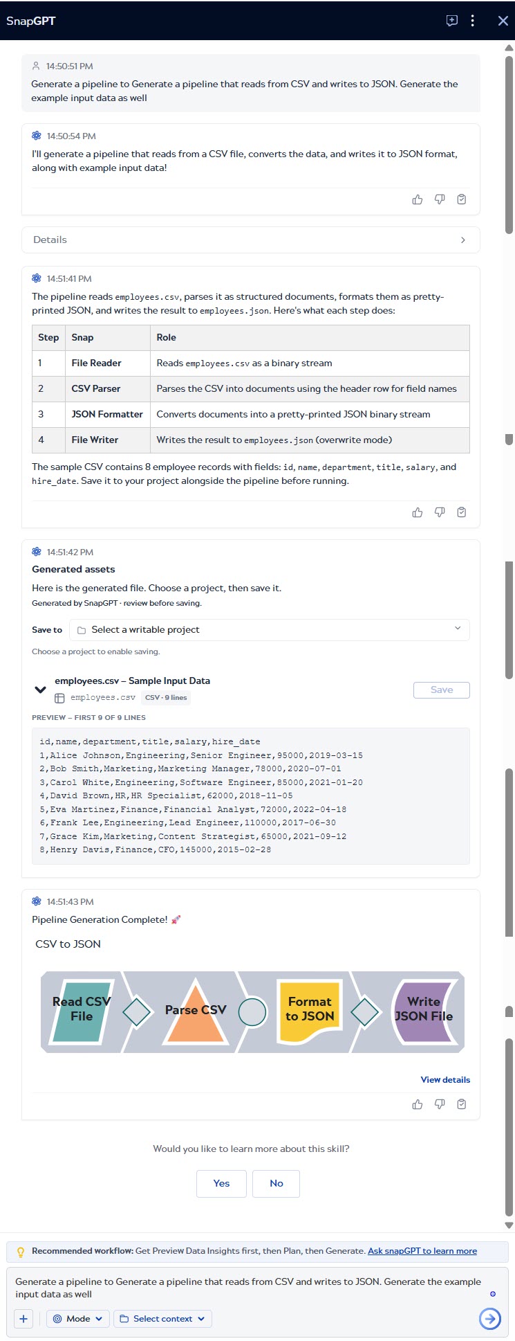 Generated assets block in the SnapGPT chat response