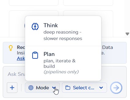Think and Plan mode selector in the SnapGPT panel