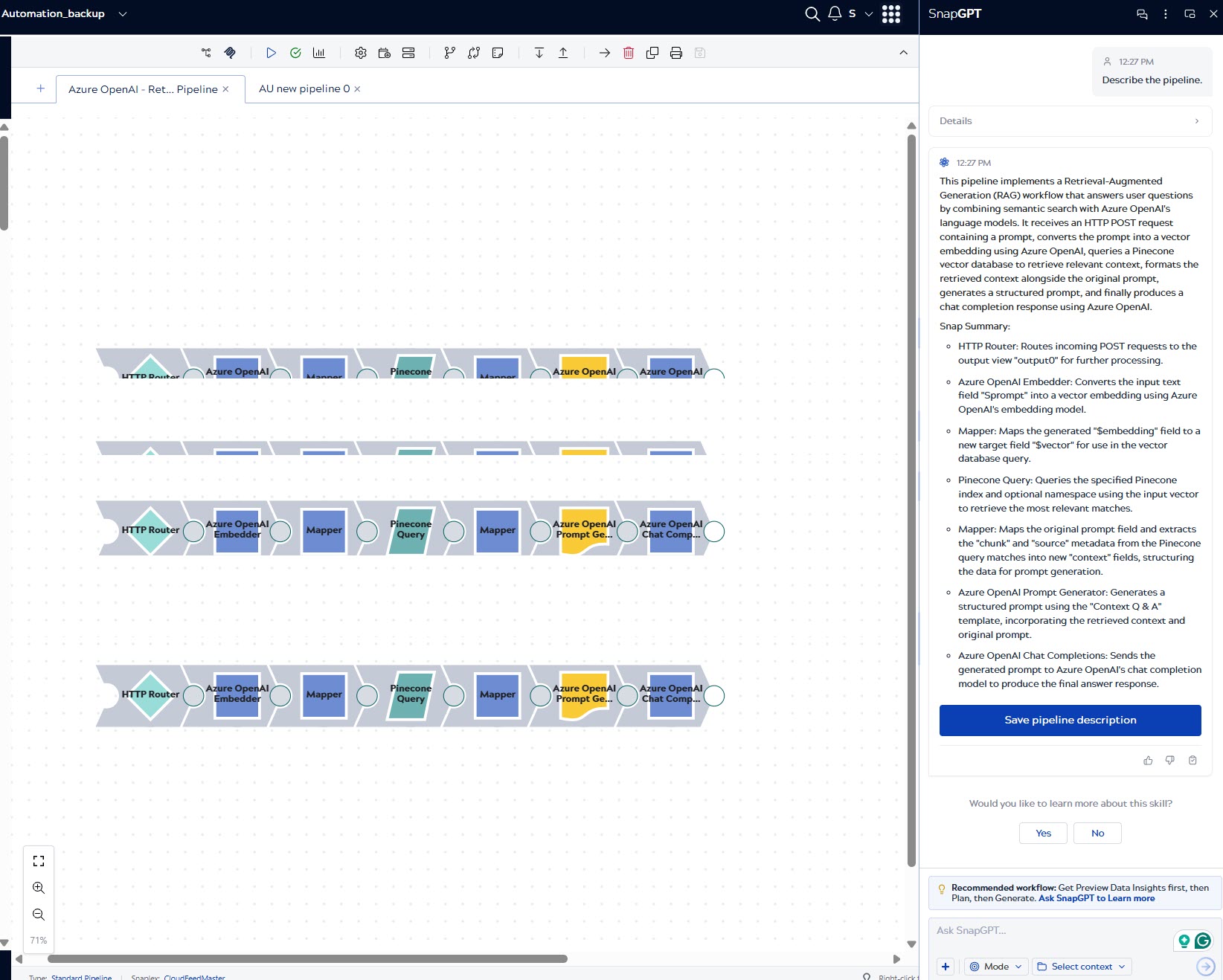 SnapGPT response showing a pipeline description and Save pipeline description button
